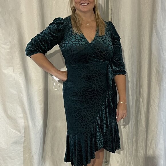 Calvin Klein Green Burnout Velvet Animal-Print Stretch Wrap Midi Dress Size 16 - Picture 2 of 12